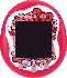 A Tamagotchi Uni with a pink shell decorated with Hello Kitty's ribbons and strawberries.