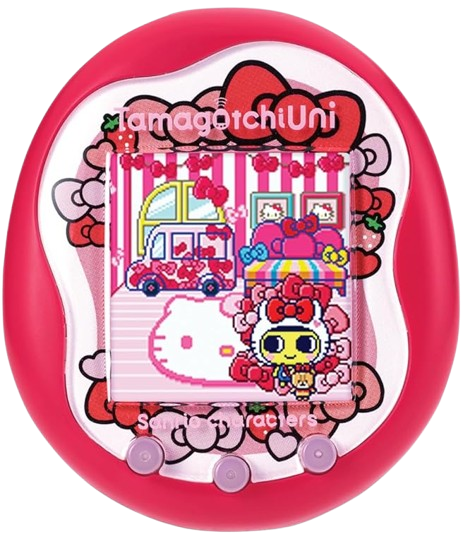 A Tamagotchi Uni with a pink shell decorated with Hello Kitty's ribbons and strawberries.