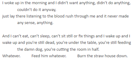 I woke up in the morning and I didn’t want anything, didn’t do anything, couldn’t do it anyway, just lay there listening to the blood rush through me and it never made any sense, anything. And I can’t eat, can’t sleep, can’t sit still or fix things and I wake up and I wake up and you’re still dead, you’re under the table, you’re still feeding the damn dog, you’re cutting the room in half. Whatever. Feed him whatever. Burn the straw house down.